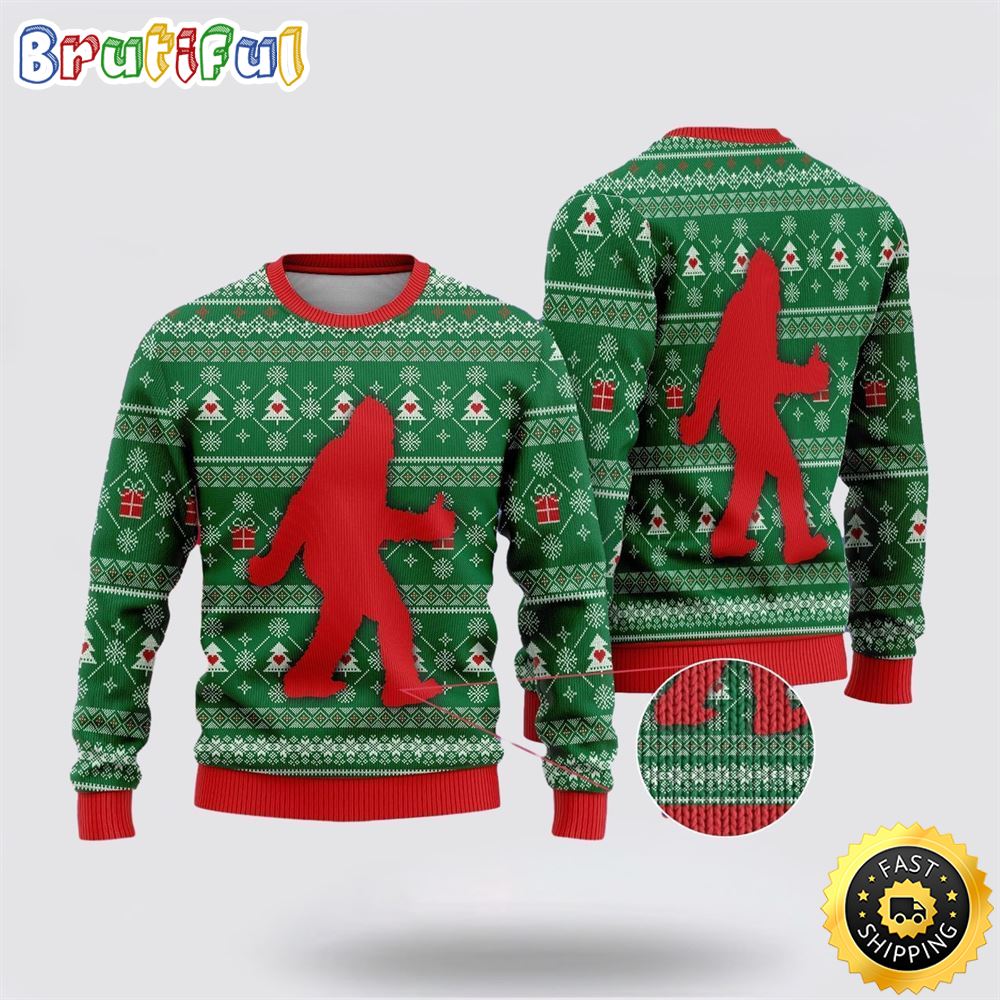 Bigfoot Sasquatch Funny Green Pattern Ugly Christmas Sweater