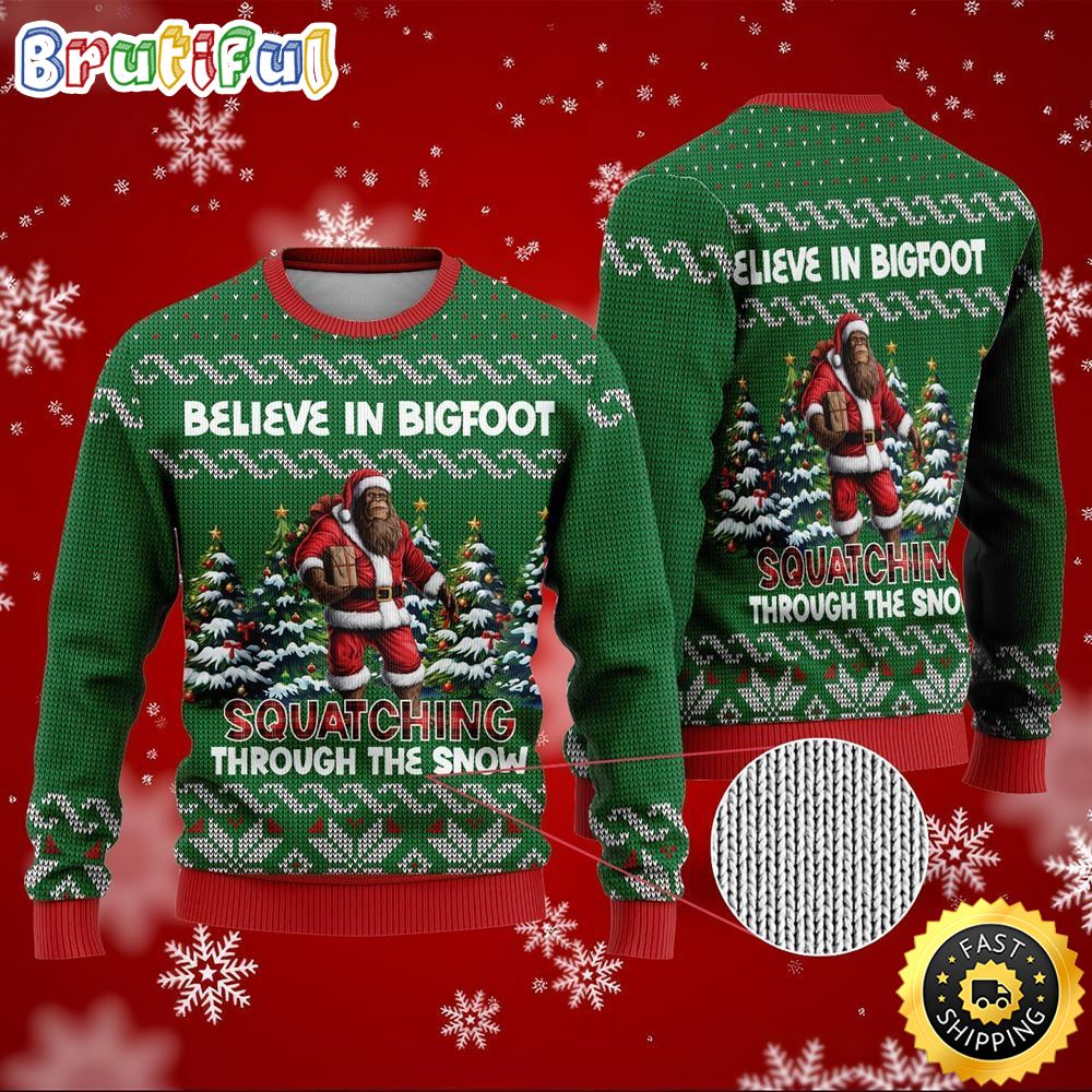 Bigfoot Squatching Through The Snow Ugly Christmas Sweater