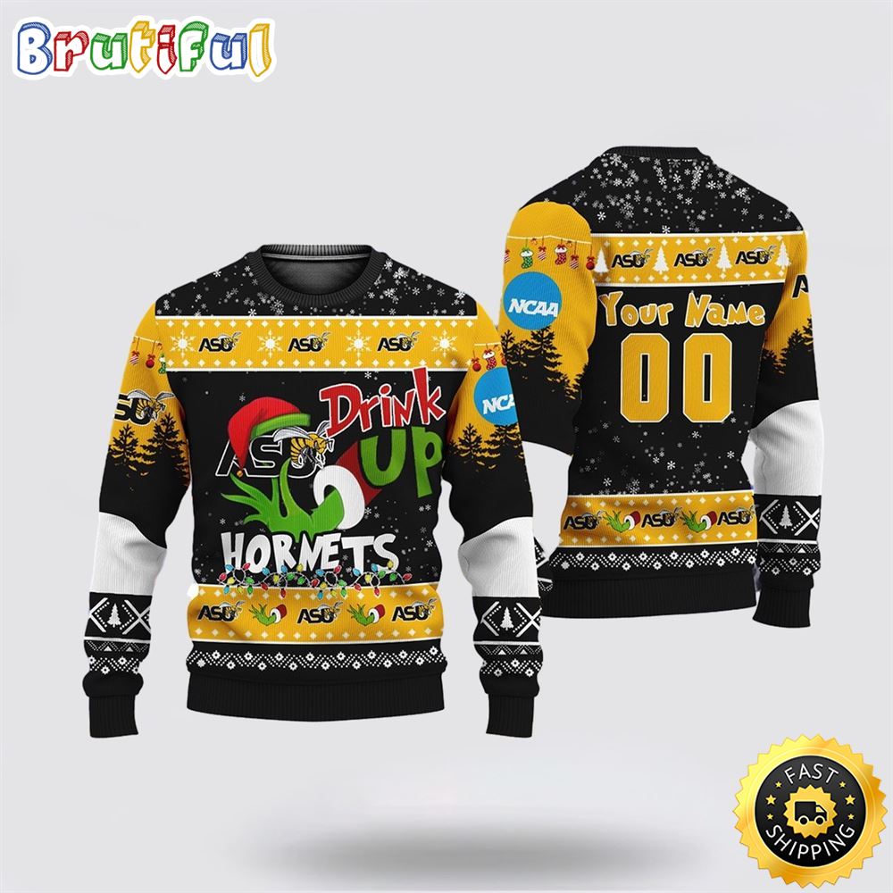 Custom NCAA Alabama State Hornets Ugly Christmas Sweater Grinch Drink Up Christmas Gift For Football Fans