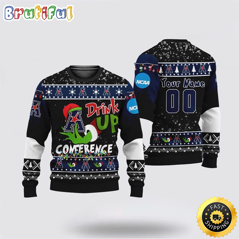 Custom NCAA American Athletic Conference Ugly Christmas Sweater Grinch Drink Up Christmas Gift For Football Fans