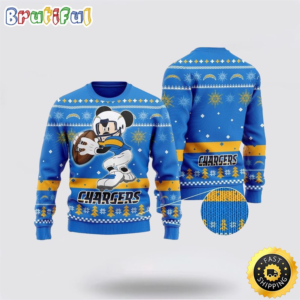 Los Angeles Chargers Ugly Christmas Sweater Mickey Mouse The Decisive Throw Unisex Sweater