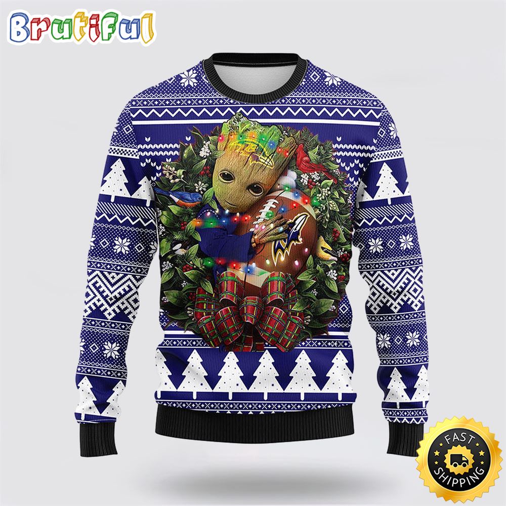 NFL Baltimore Ravens Ugly Sweater Groot Christmas Sweater