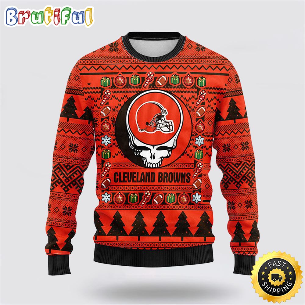 NFL Cleveland Browns Ugly Sweater Grateful Dead Ugly Christmas Fleece Sweater