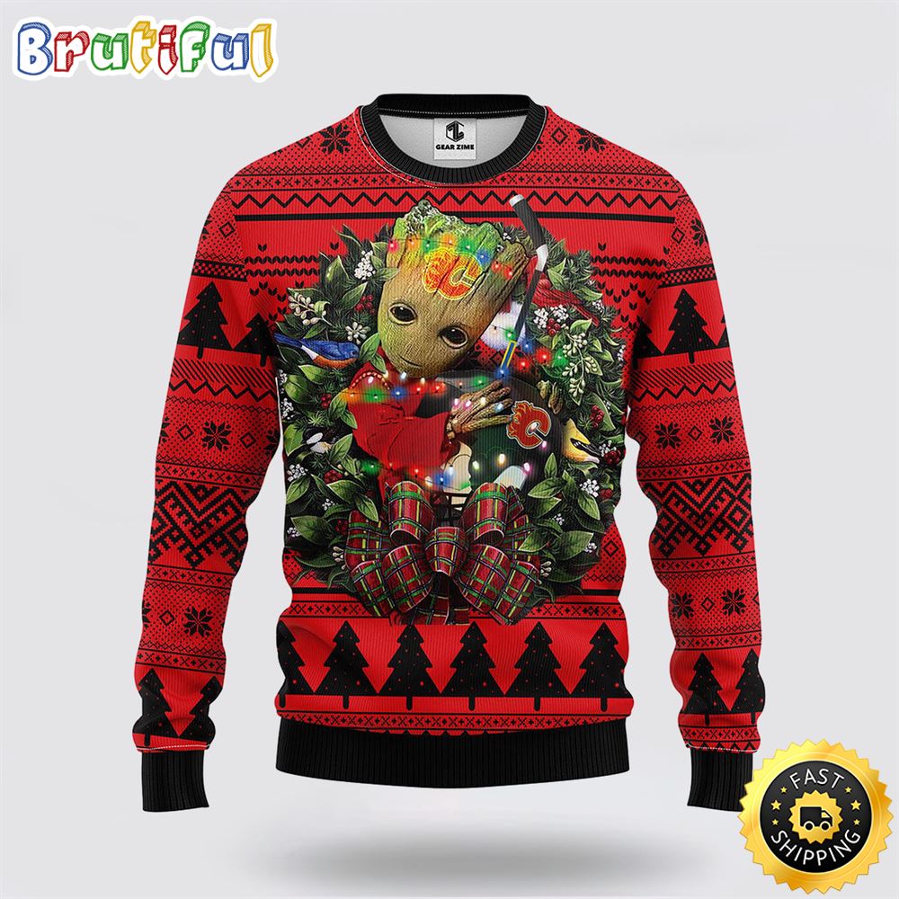 NHL Calgary Flames Ugly Sweater Groot Christmas Sweater