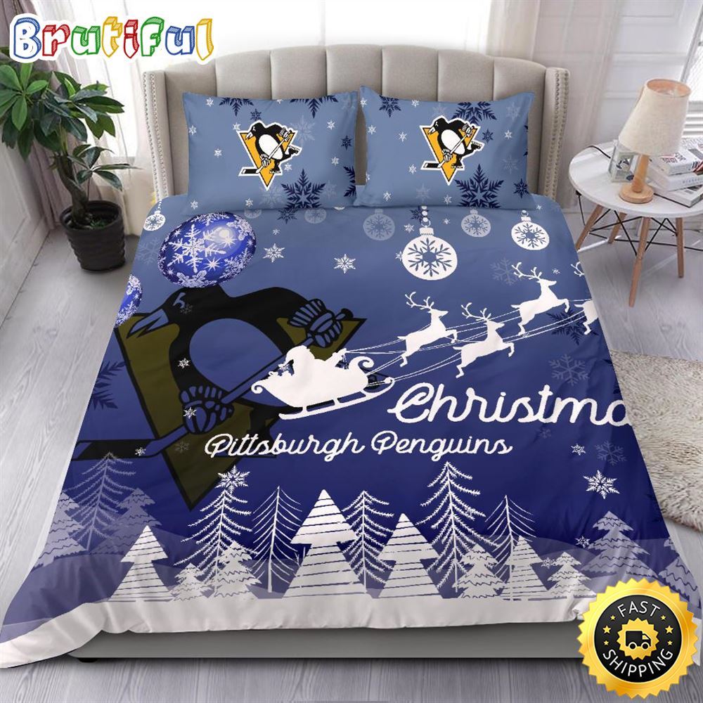 NHL Pittsburgh Penguins Bedding Sets Santa Claus Sleigh And Reindeer Christmas Bedding Sets Quilt Bedding Sets