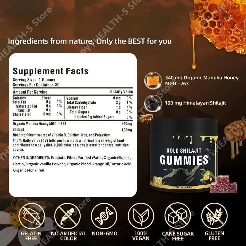 Shilajit Gummies Honey Lemon Flavor Himalayan Shilajit No Added Sugar Ashwagandha for Men Women 100% Natural Organic I 30 Gummy